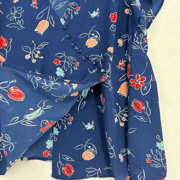 Modcloth Blouse Top Semi Sheer Cap Sleeve Covered Buttons Blue Floral Size 1X - Picture 7 of 12